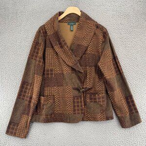 Lauren Ralph Lauren Jacket Womens Large Brown Mix Pattern Shawl Lapel Coatigan